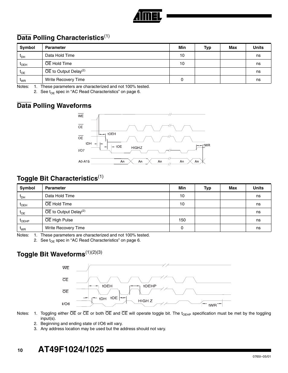 Data polling characteristics(1), Data polling waveforms, Toggle bit characteristics(1) | Toggle bit waveforms(1)(2)(3), Toggle bit wavefor ms, Data polling characteristi cs, Toggle bit characteristic s | Rainbow Electronics AT49F1025 User Manual | Page 10 / 15