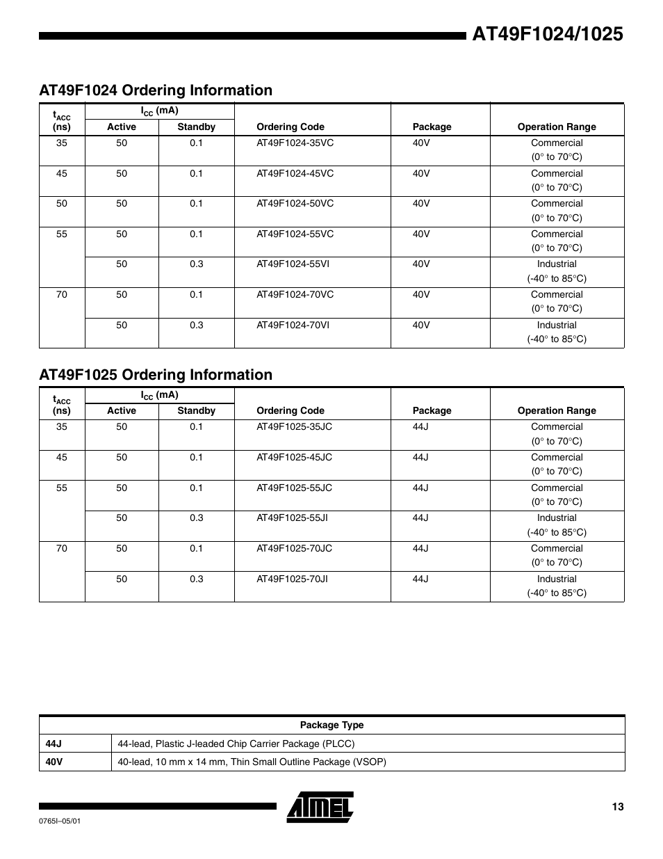 At49f1024 ordering information, At49f1025 ordering information | Rainbow Electronics AT49F1025 User Manual | Page 13 / 15