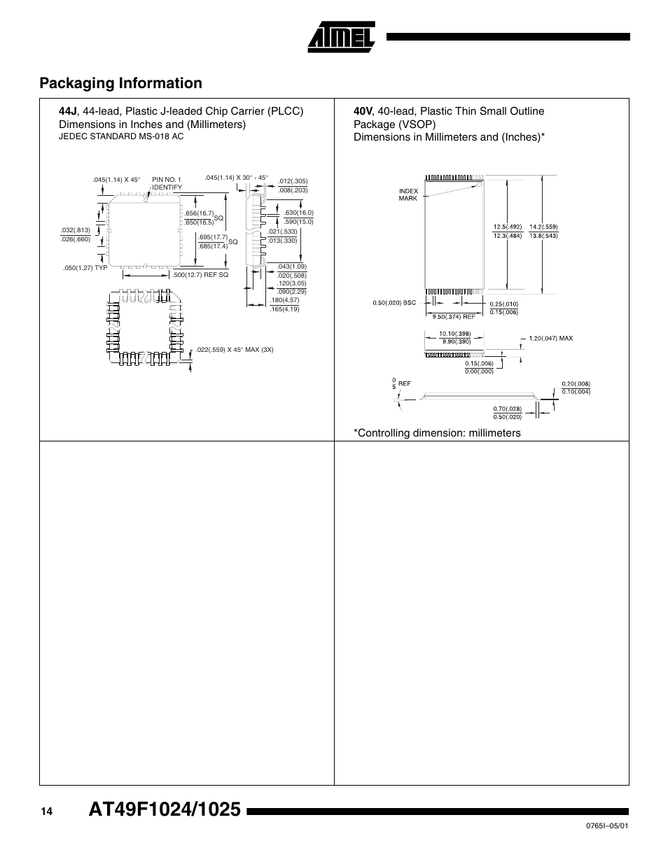 Packaging information | Rainbow Electronics AT49F1025 User Manual | Page 14 / 15