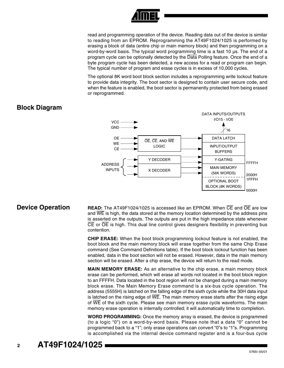 Block diagram, Device operation, Block diagram device operation | Rainbow Electronics AT49F1025 User Manual | Page 2 / 15