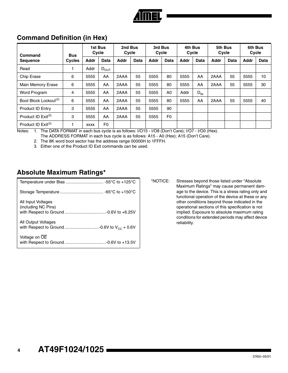 Command definition (in hex), Absolute maximum ratings | Rainbow Electronics AT49F1025 User Manual | Page 4 / 15