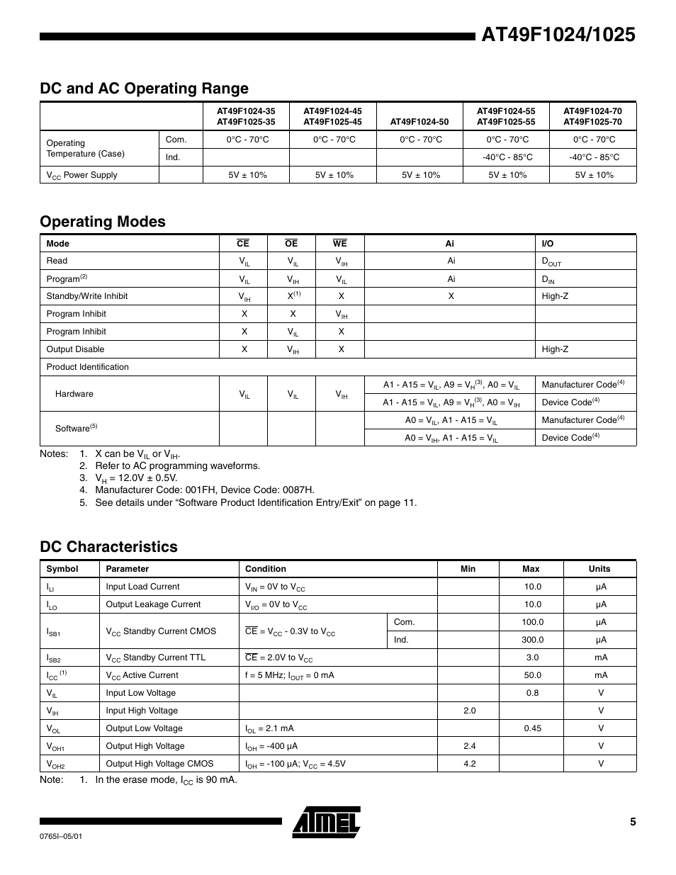 Dc and ac operating range, Operating modes, Dc characteristics | Rainbow Electronics AT49F1025 User Manual | Page 5 / 15