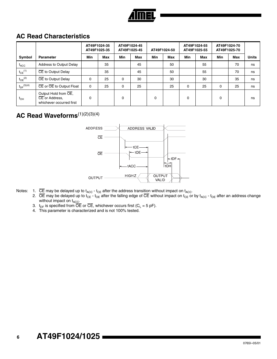 Ac read characteristics, Ac read waveforms(1)(2)(3)(4), Ac read waveform s | Rainbow Electronics AT49F1025 User Manual | Page 6 / 15