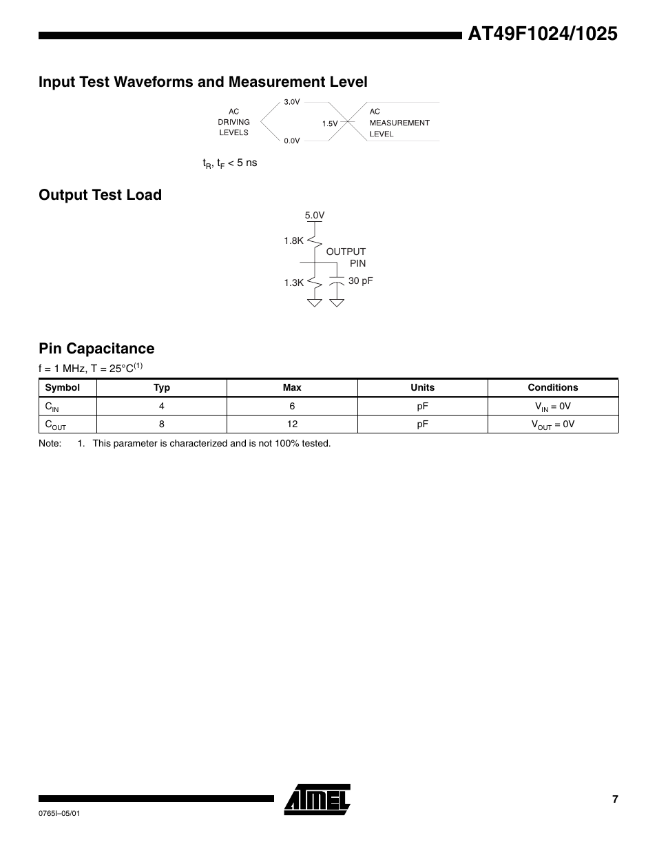 Input test waveforms and measurement level, Output test load, Pin capacitance | Rainbow Electronics AT49F1025 User Manual | Page 7 / 15