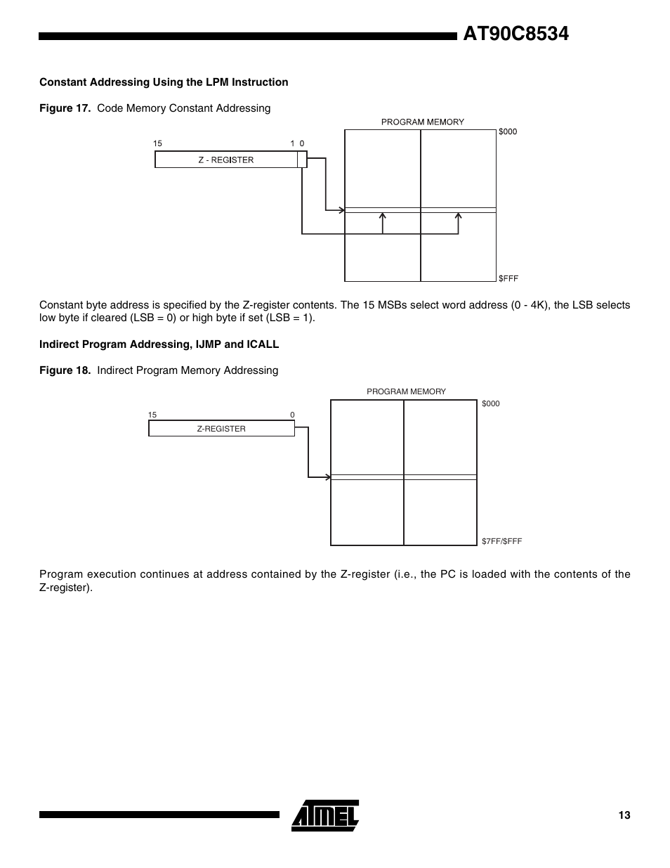 Constant addressing using the lpm instruction, Indirect program addressing, ijmp and icall | Rainbow Electronics AT90C8534 User Manual | Page 13 / 54