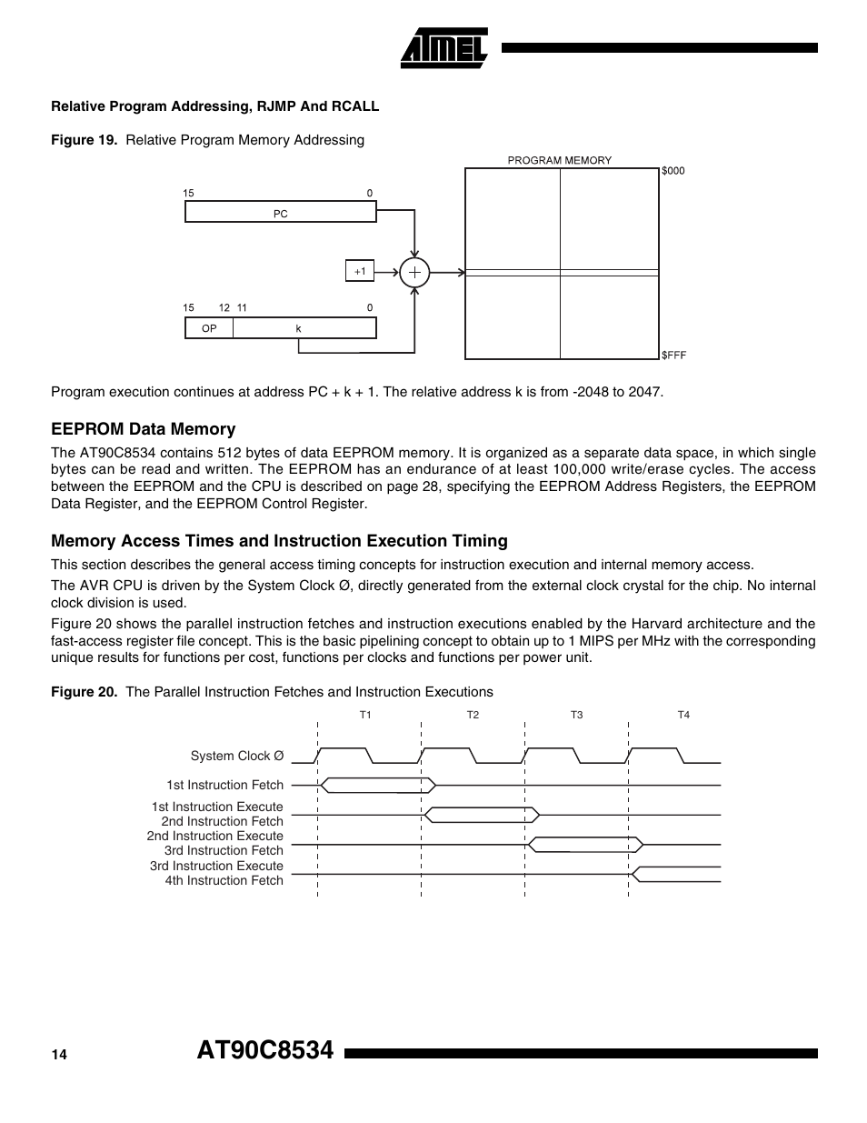 Relative program addressing, rjmp and rcall, Eeprom data memory | Rainbow Electronics AT90C8534 User Manual | Page 14 / 54