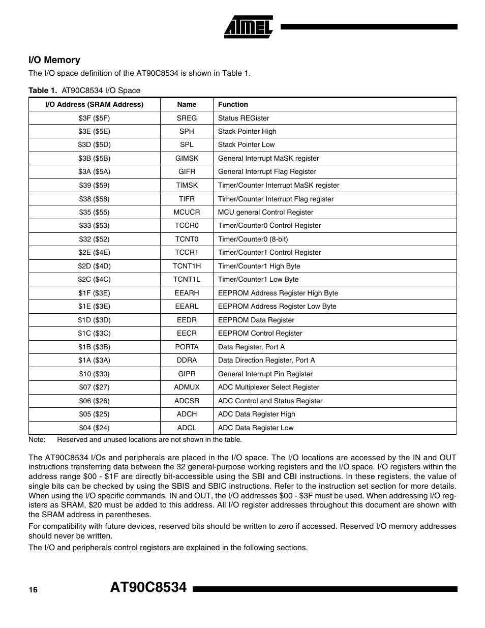 I/o memory | Rainbow Electronics AT90C8534 User Manual | Page 16 / 54