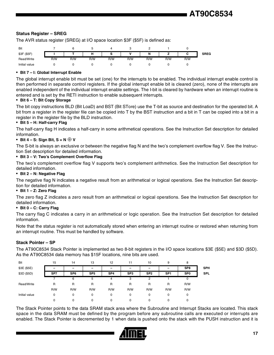 Status register – sreg, Stack pointer – sp | Rainbow Electronics AT90C8534 User Manual | Page 17 / 54