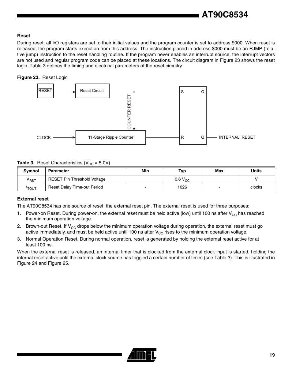 Reset, External reset | Rainbow Electronics AT90C8534 User Manual | Page 19 / 54