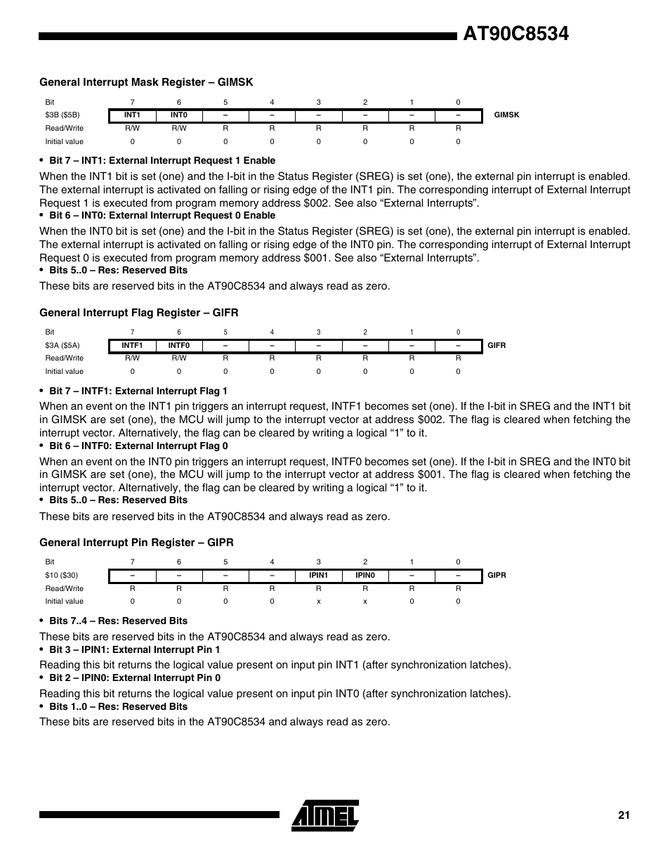General interrupt mask register – gimsk, General interrupt flag register – gifr, General interrupt pin register – gipr | 21 general interrupt mask register – gimsk | Rainbow Electronics AT90C8534 User Manual | Page 21 / 54