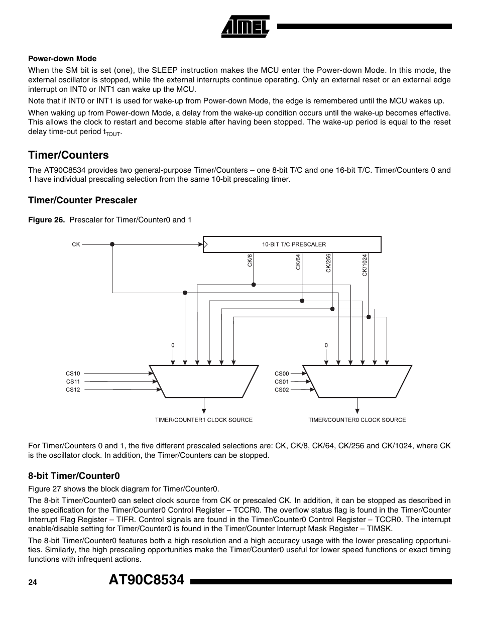 Power-down mode, Timer/counters, Timer/counter prescaler | Bit timer/counter0 | Rainbow Electronics AT90C8534 User Manual | Page 24 / 54