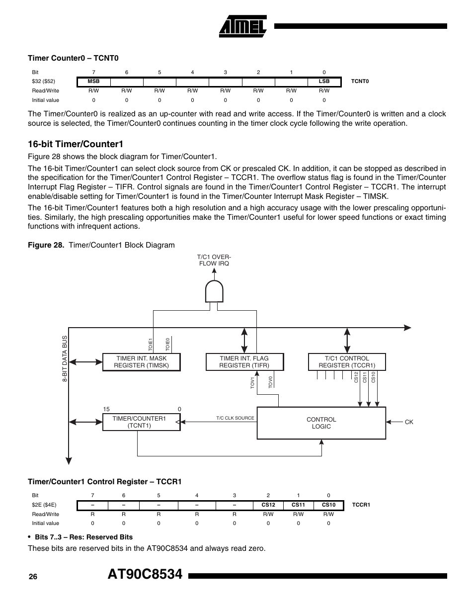 Timer counter0 – tcnt0, Bit timer/counter1, Timer/counter1 control register – tccr1 | Rainbow Electronics AT90C8534 User Manual | Page 26 / 54