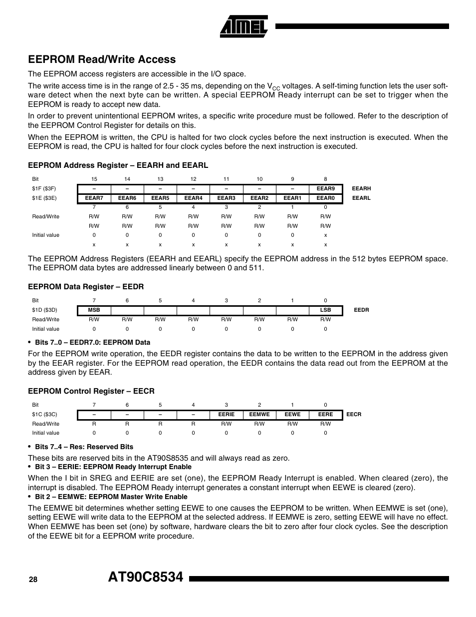 Eeprom read/write access, Eeprom address register – eearh and eearl, Eeprom data register – eedr | Eeprom control register – eecr | Rainbow Electronics AT90C8534 User Manual | Page 28 / 54