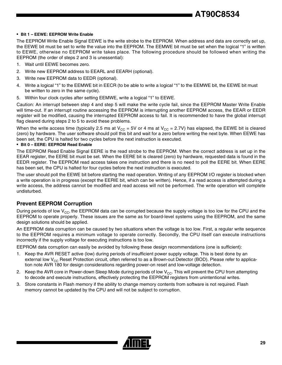 Prevent eeprom corruption | Rainbow Electronics AT90C8534 User Manual | Page 29 / 54
