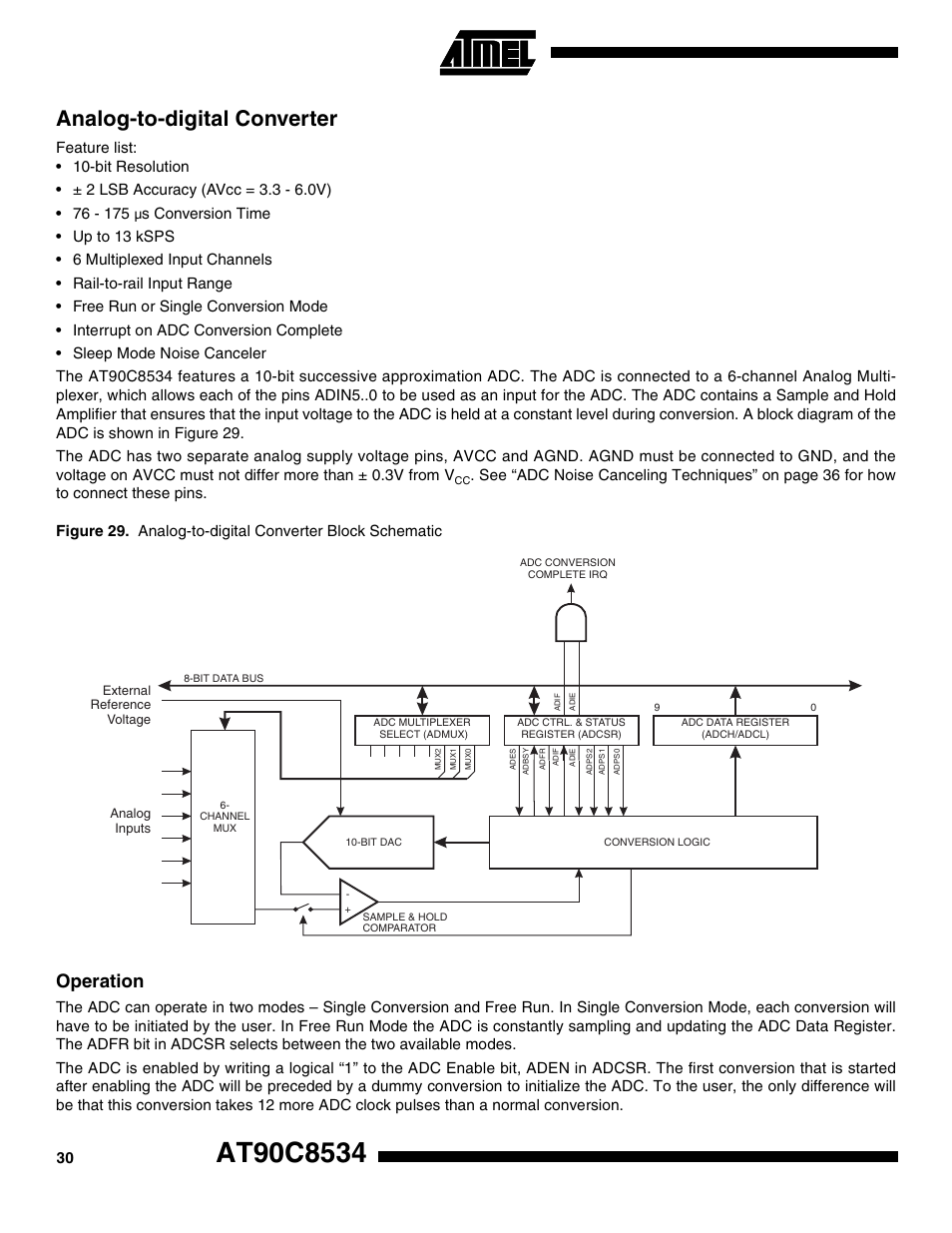 Analog-to-digital converter, Operation | Rainbow Electronics AT90C8534 User Manual | Page 30 / 54