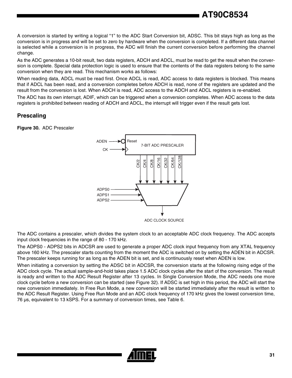 Prescaling | Rainbow Electronics AT90C8534 User Manual | Page 31 / 54