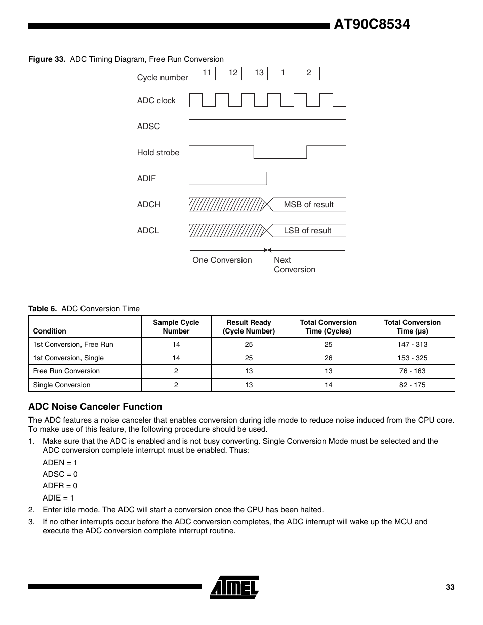Adc noise canceler function | Rainbow Electronics AT90C8534 User Manual | Page 33 / 54