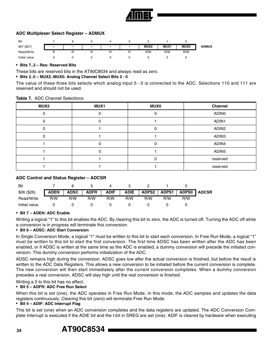 Adc multiplexer select register – admux, Adc control and status register – adcsr | Rainbow Electronics AT90C8534 User Manual | Page 34 / 54