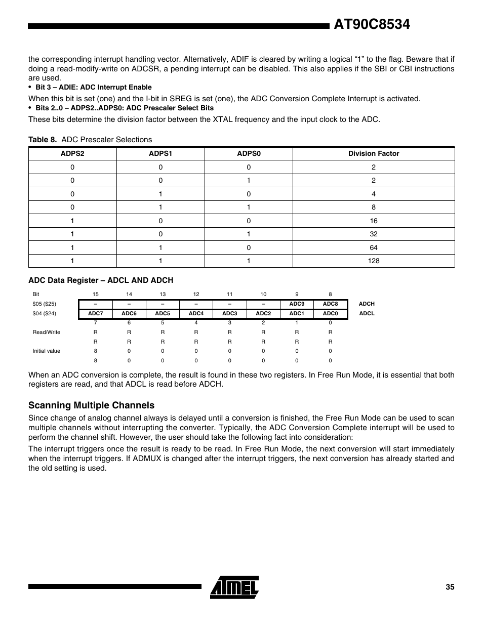 Adc data register – adcl and adch, Scanning multiple channels | Rainbow Electronics AT90C8534 User Manual | Page 35 / 54