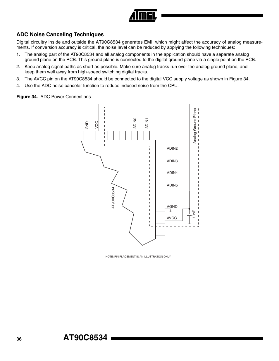 Adc noise canceling techniques | Rainbow Electronics AT90C8534 User Manual | Page 36 / 54