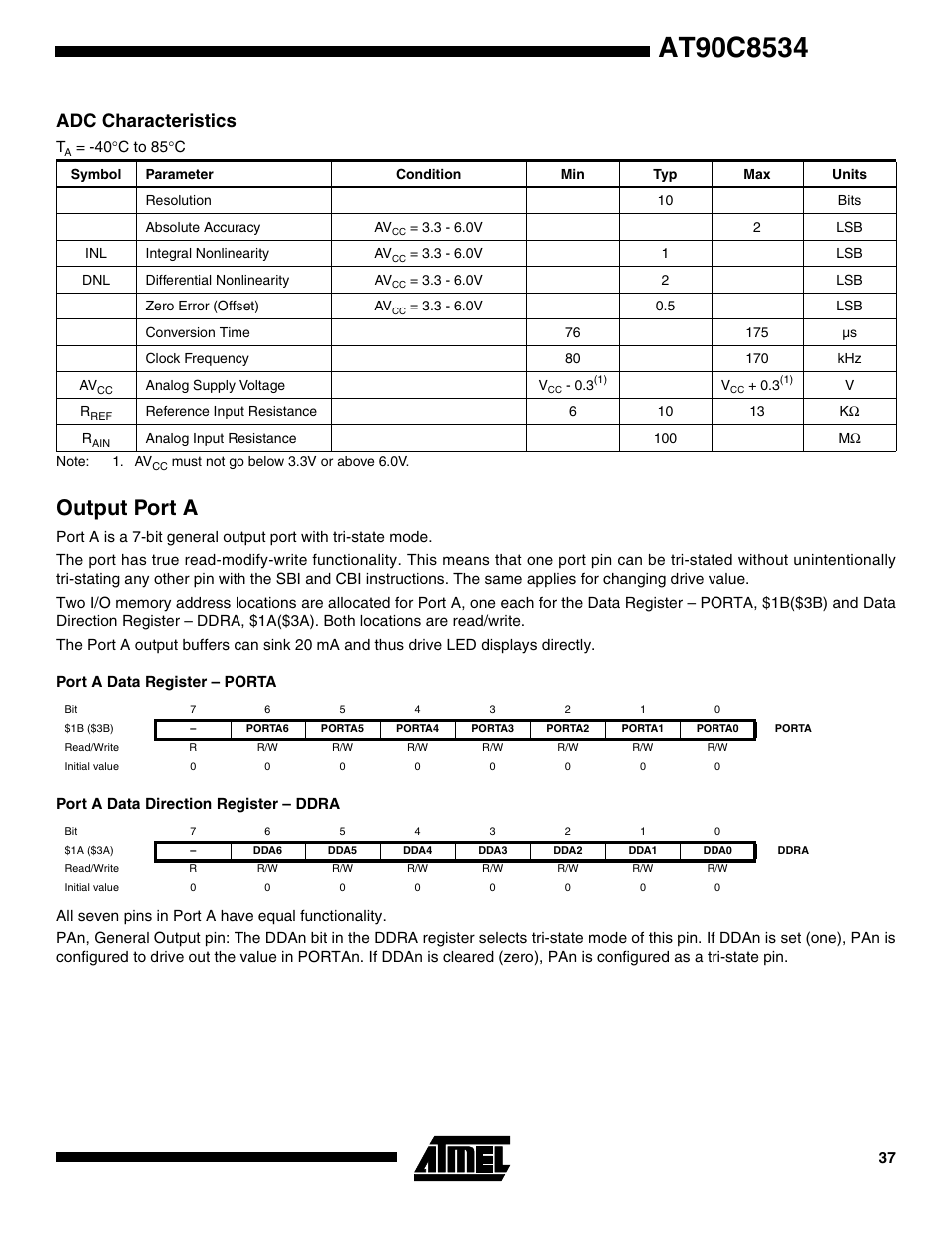 Adc characteristics, Output port a, Port a data register – porta | Port a data direction register – ddra | Rainbow Electronics AT90C8534 User Manual | Page 37 / 54