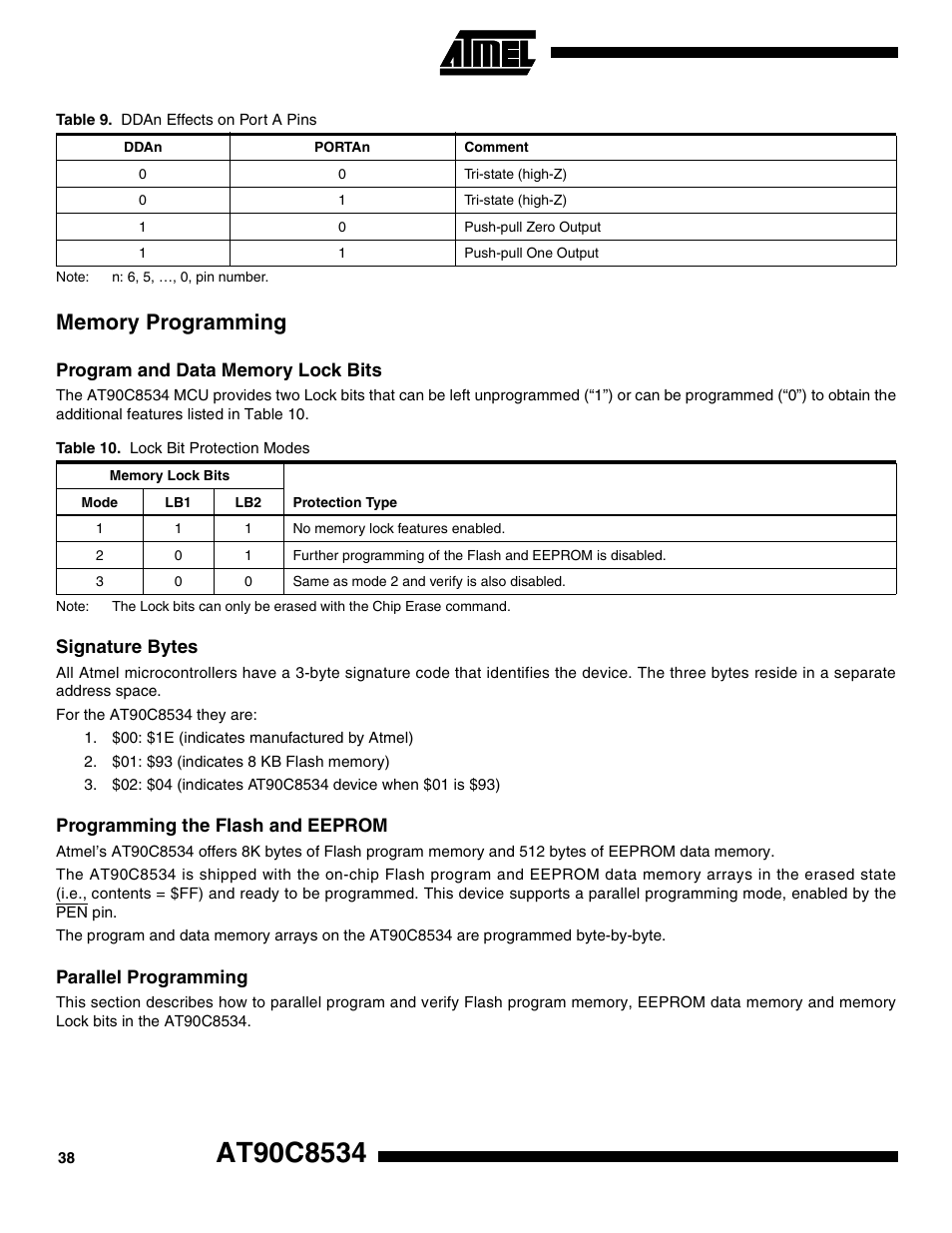 Memory programming, Program and data memory lock bits, Signature bytes | Programming the flash and eeprom, Parallel programming | Rainbow Electronics AT90C8534 User Manual | Page 38 / 54