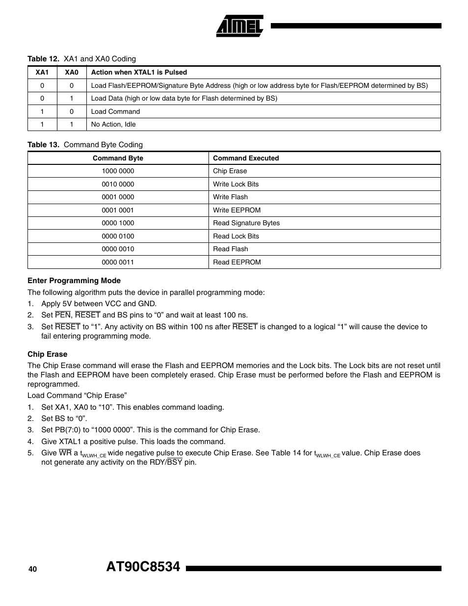Enter programming mode, Chip erase, Table 12 | Table 13 | Rainbow Electronics AT90C8534 User Manual | Page 40 / 54