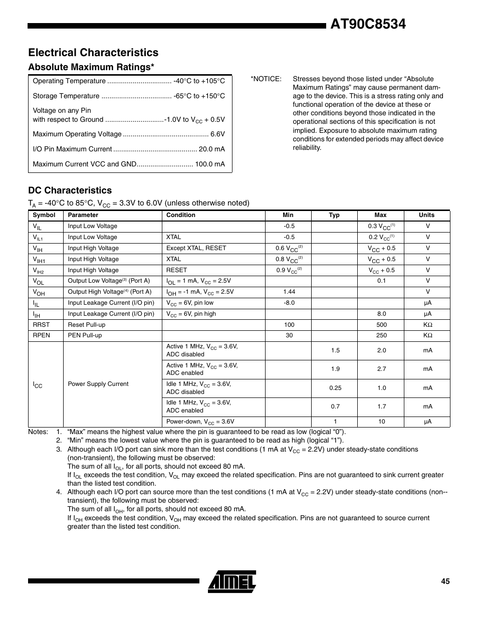 Electrical characteristics, Absolute maximum ratings, Dc characteristics | Rainbow Electronics AT90C8534 User Manual | Page 45 / 54