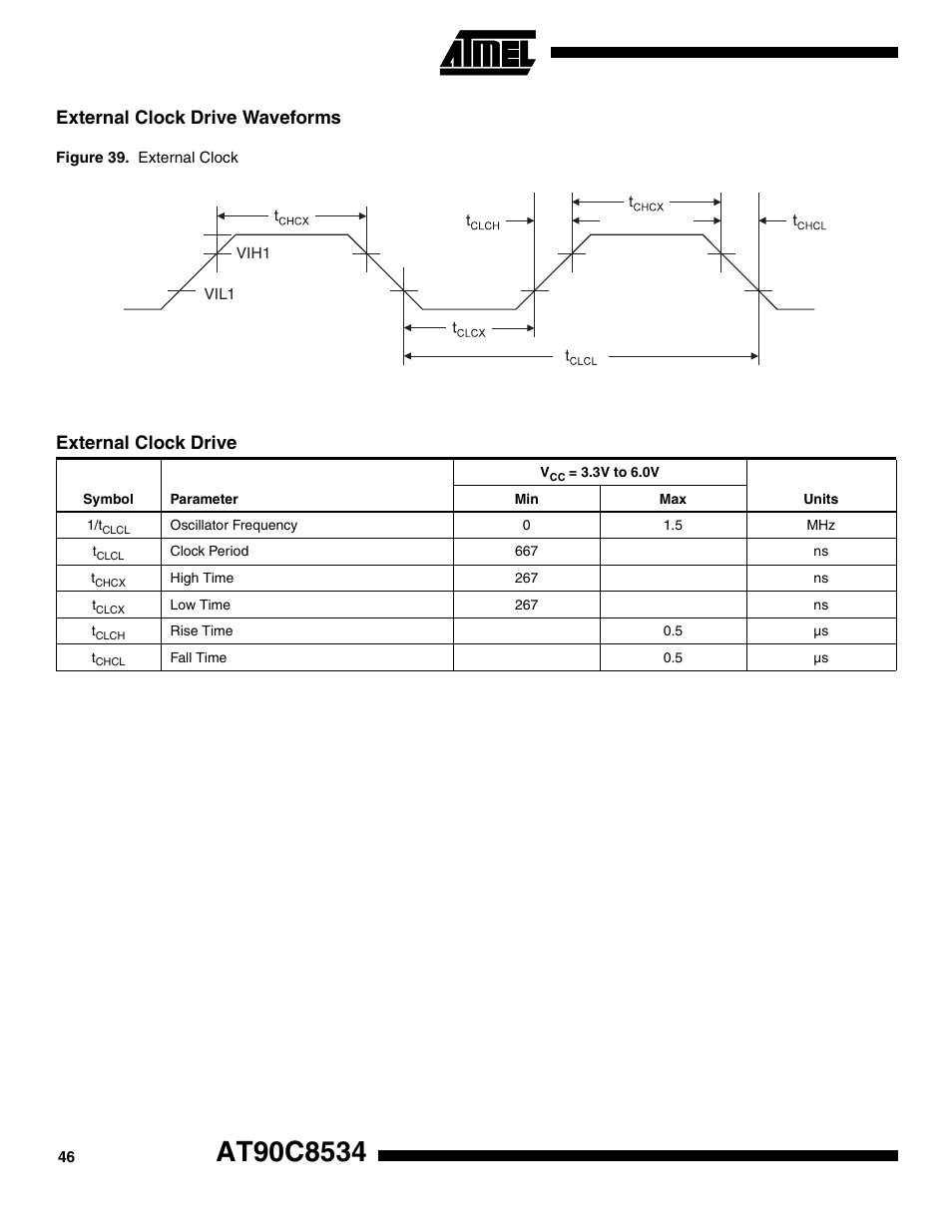 External clock drive waveforms, External clock drive | Rainbow Electronics AT90C8534 User Manual | Page 46 / 54