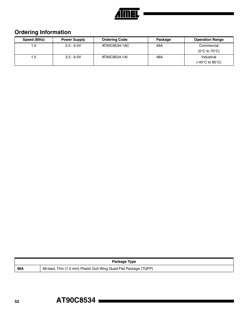 Ordering information | Rainbow Electronics AT90C8534 User Manual | Page 52 / 54