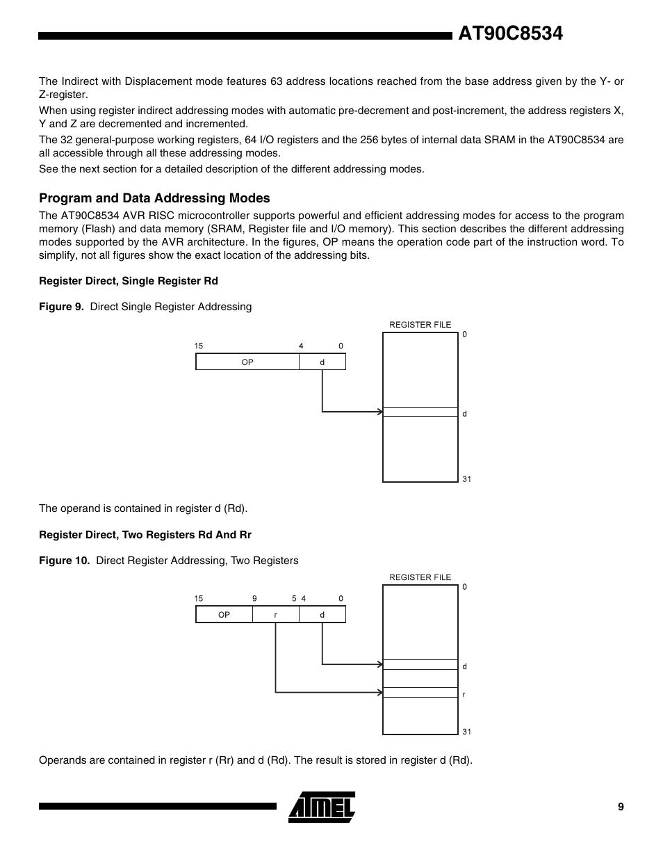 Program and data addressing modes, Register direct, single register rd, Register direct, two registers rd and rr | Rainbow Electronics AT90C8534 User Manual | Page 9 / 54