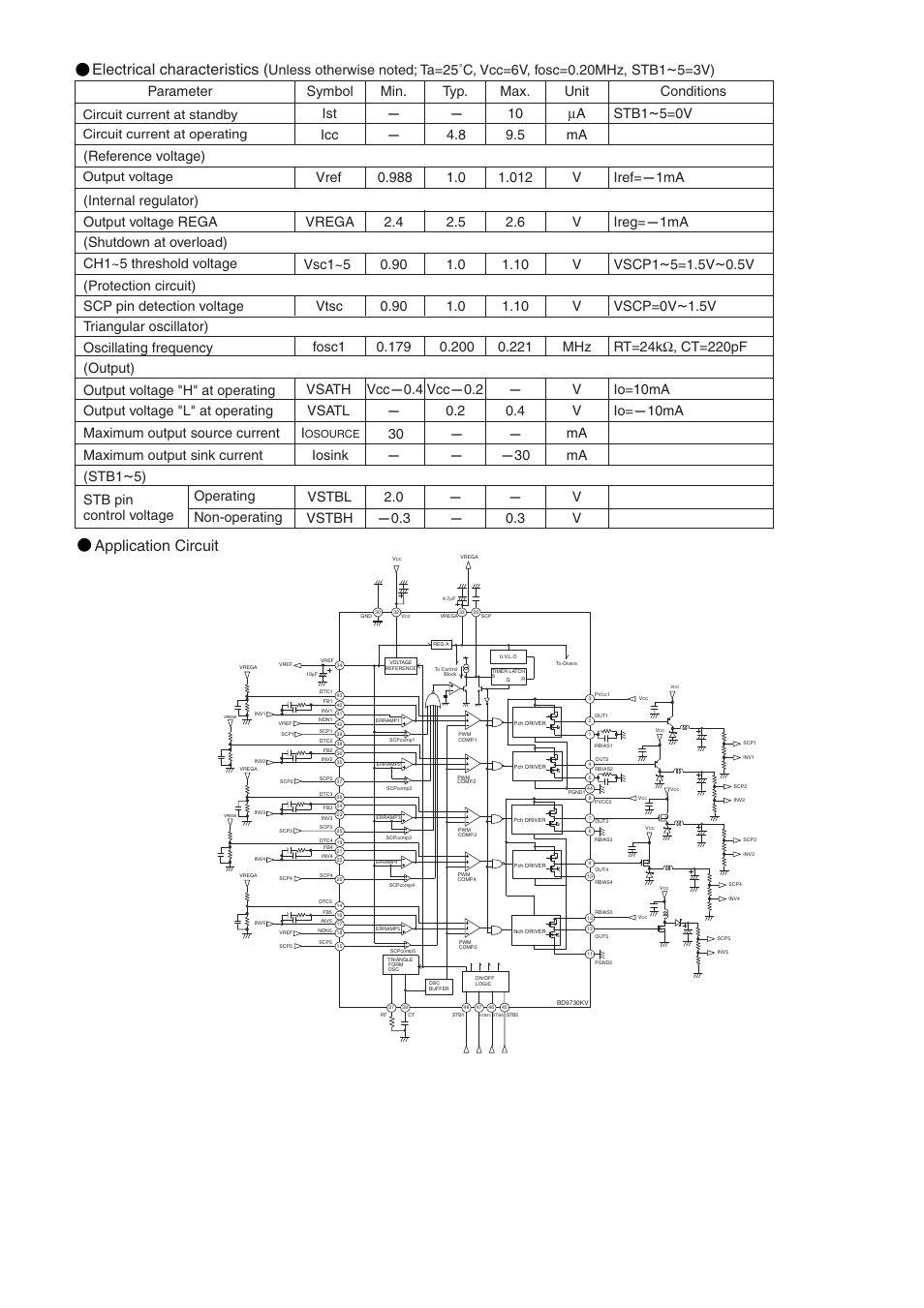 Electrical characteristics, Application circuit, 5=1.5v | 5v vscp=0v, 5=3v) | Rainbow Electronics BD9730KV User Manual | Page 2 / 2