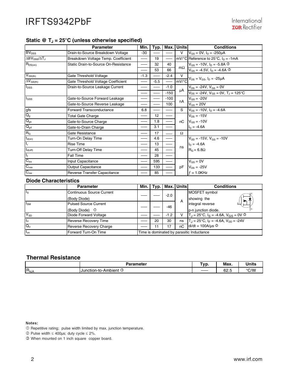 Irfts9342pbf, Thermal resistance, Static @ t | 25°c (unless otherwise specified), Diode characteristics | Rainbow Electronics IRFTS9342TRPBF User Manual | Page 2 / 8