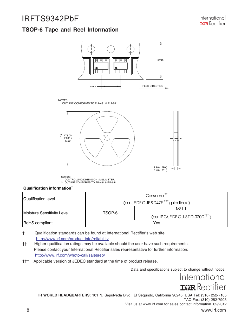 Irfts9342pbf, Tsop-6 tape and reel information | Rainbow Electronics IRFTS9342TRPBF User Manual | Page 8 / 8