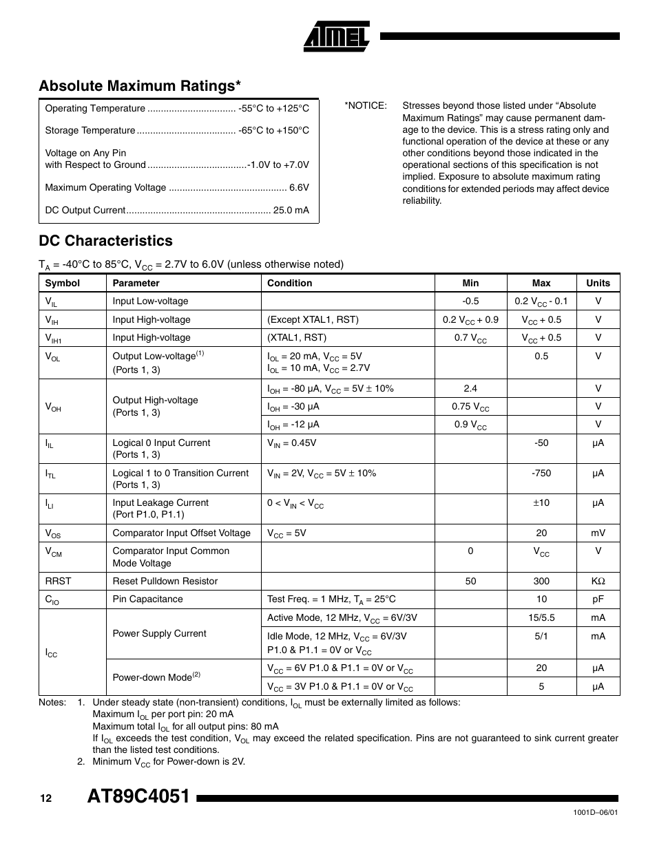 Absolute maximum ratings, Dc characteristics | Rainbow Electronics AT89C4051 User Manual | Page 12 / 18