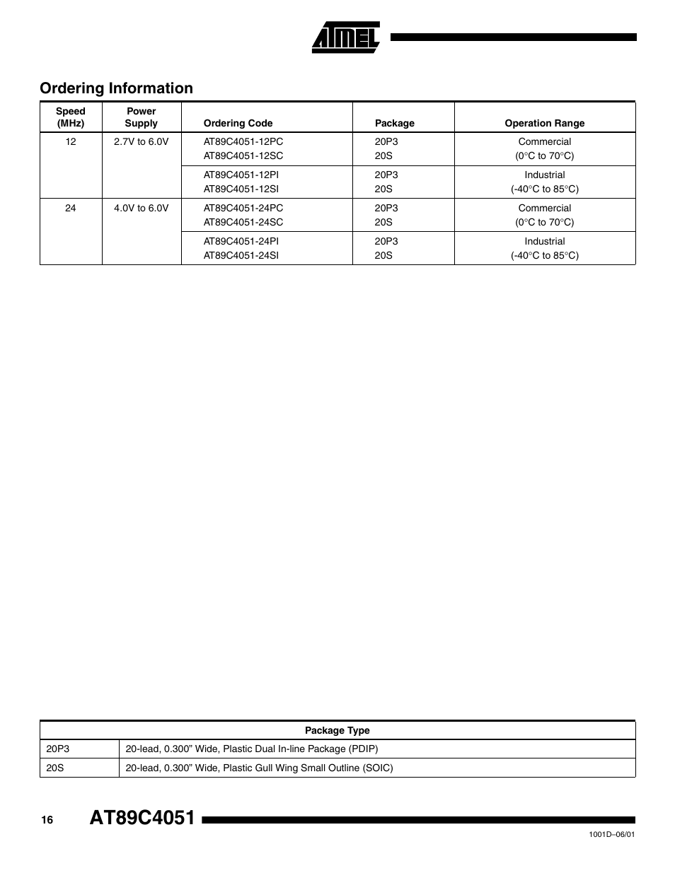 Ordering information | Rainbow Electronics AT89C4051 User Manual | Page 16 / 18