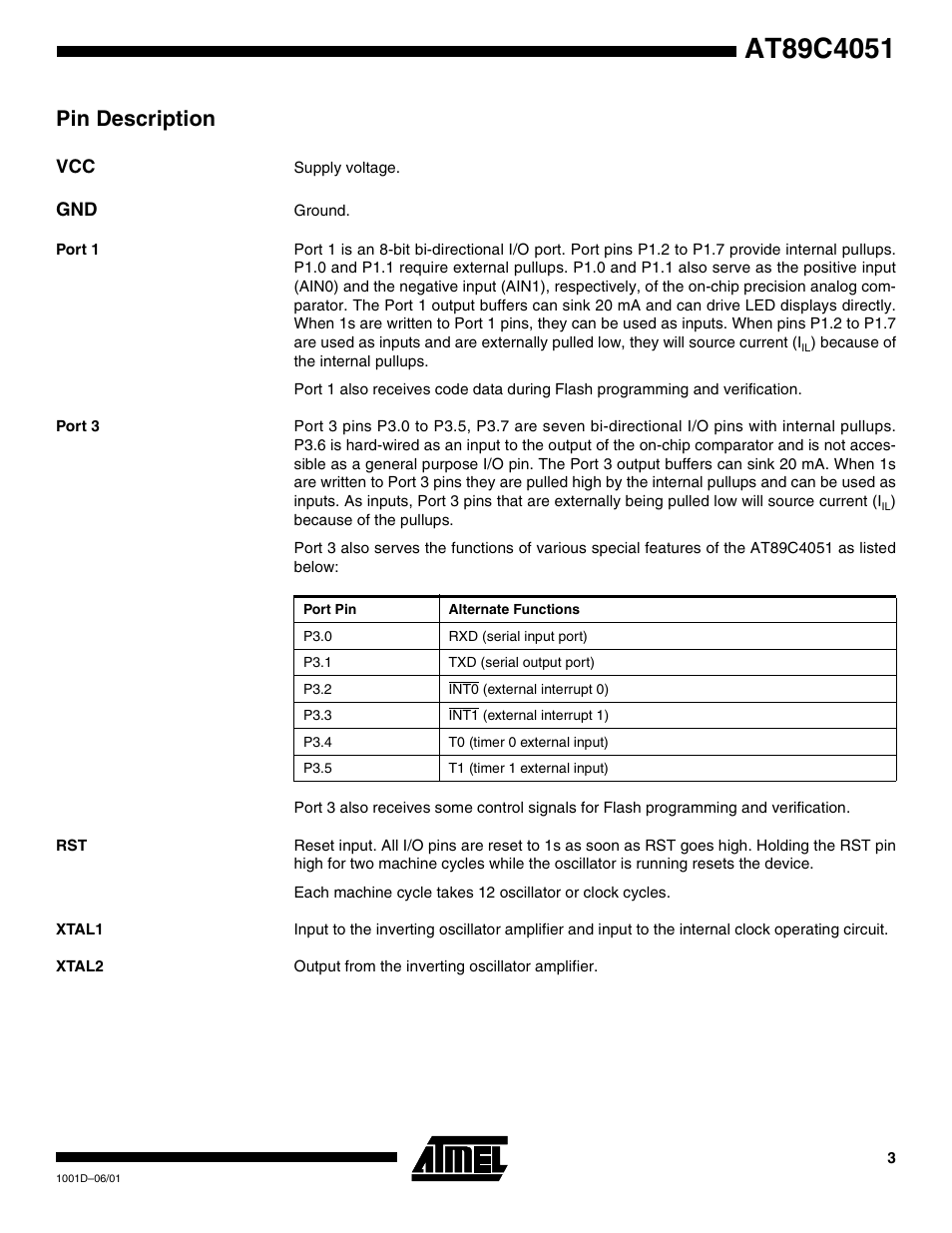 Pin description, Port 1, Port 3 | Xtal1, Xtal2 | Rainbow Electronics AT89C4051 User Manual | Page 3 / 18