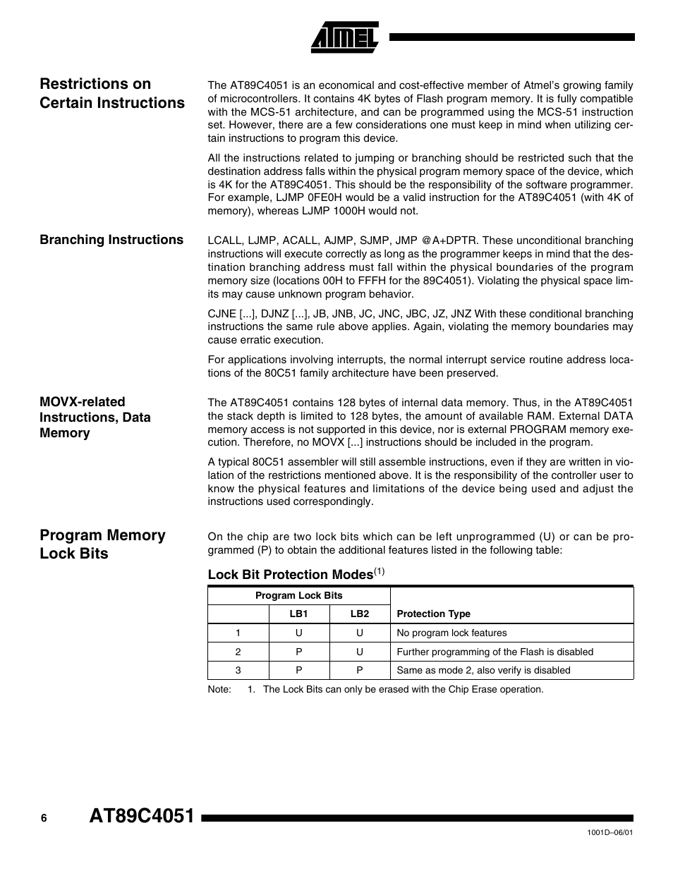 Restrictions on certain instructions, Branching instructions, Movx-related instructions, data memory | Program memory lock bits, Lock bit protection modes(1) | Rainbow Electronics AT89C4051 User Manual | Page 6 / 18