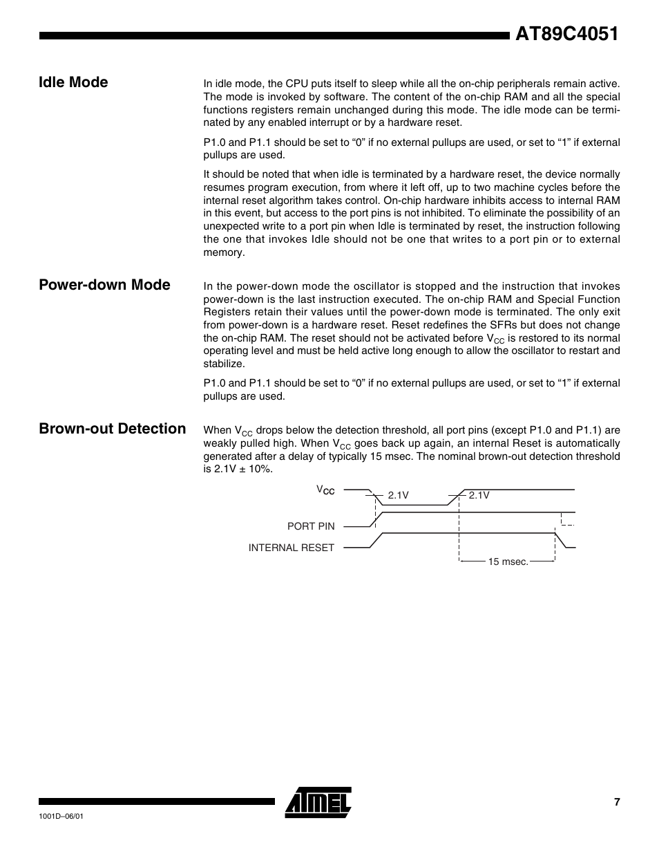 Idle mode, Power-down mode, Brown-out detection | Rainbow Electronics AT89C4051 User Manual | Page 7 / 18