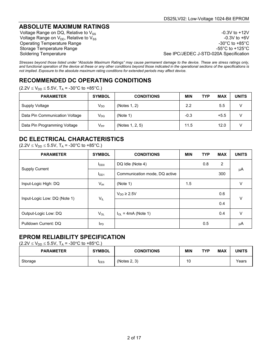 Absolute maximum ratings, Recommended dc operating conditions, Dc electrical characteristics | Eprom reliability specification | Rainbow Electronics DS25LV02 User Manual | Page 2 / 17