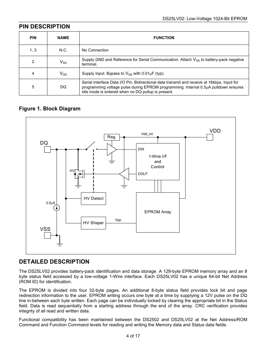 Pin description, Detailed description, Figure 1. block diagram | Rainbow Electronics DS25LV02 User Manual | Page 4 / 17