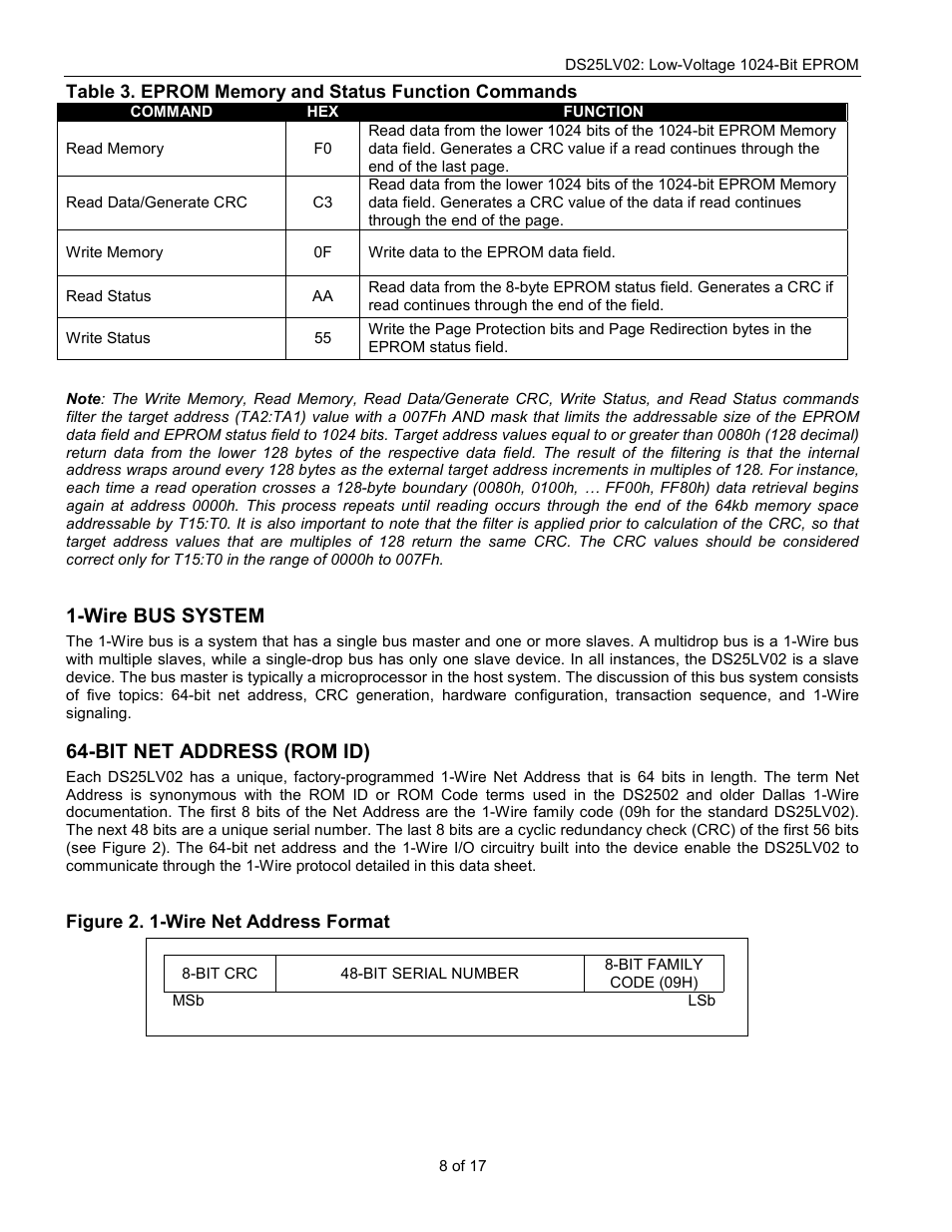Wire bus system, Bit net address (rom id) | Rainbow Electronics DS25LV02 User Manual | Page 8 / 17