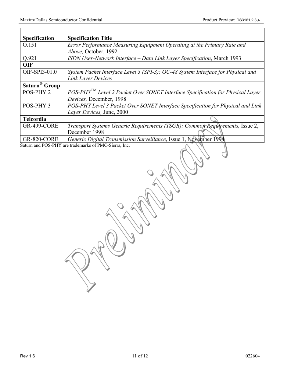 O.151, Q.921, Isdn user-network interface – data link layer spe | Oif-spi3-01.0, Saturn( group, Pos-phy 2, Pos-phy 3, Telcordia, Gr-499-core, Gr-820-core | Rainbow Electronics DS3164 User Manual | Page 11 / 12