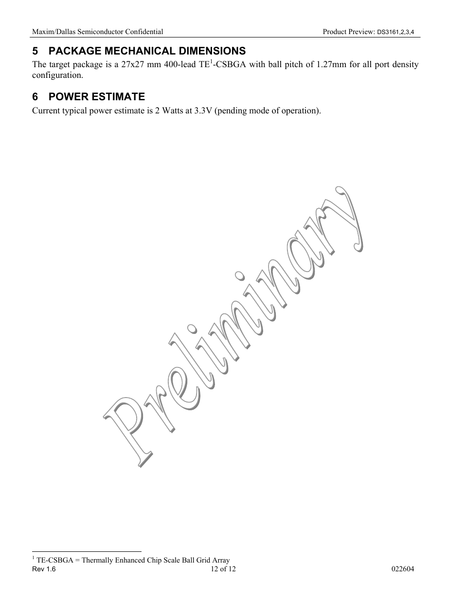 Package mechanical dimensions, Power estimate, 5 package mechanical dimensions | 6 power estimate | Rainbow Electronics DS3164 User Manual | Page 12 / 12