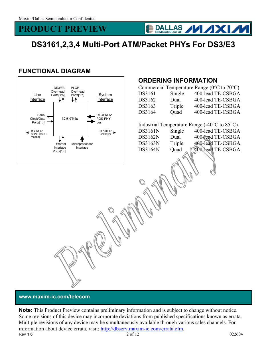 Functional diagram, Ordering information, Commercial temperature range (0(c to 70(c) | Ds3161single400-lead te-csbga, Ds3162dual400-lead te-csbga, Ds3163triple400-lead te-csbga, Ds3164quad400-lead te-csbga, Industrial temperature range (-40(c to 85(c), Ds3161nsingle400-lead te-csbga, Ds3162ndual400-lead te-csbga | Rainbow Electronics DS3164 User Manual | Page 2 / 12