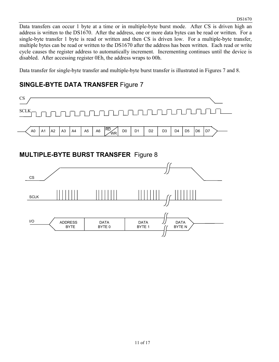 Single-byte data transfer figure 7, Multiple-byte burst transfer figure 8 | Rainbow Electronics DS1670 User Manual | Page 11 / 17