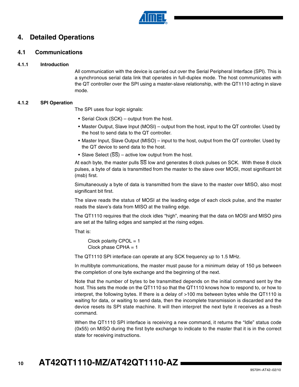 Detailed operations, 1 communications, 1 introduction | 2 spi operation | Rainbow Electronics AT42QT1110-AZ User Manual | Page 10 / 48