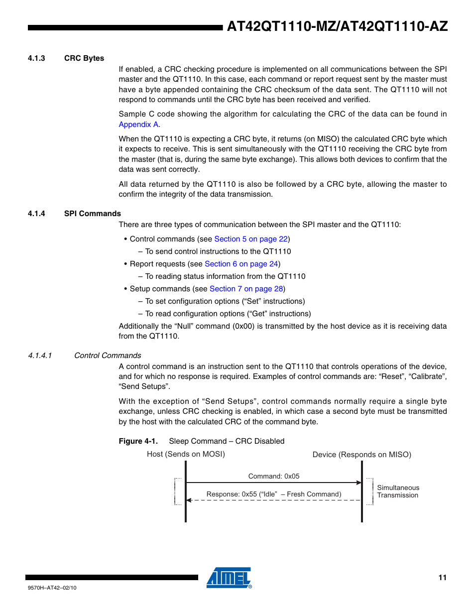 3 crc bytes, 4 spi commands, 1 control commands | Rainbow Electronics AT42QT1110-AZ User Manual | Page 11 / 48