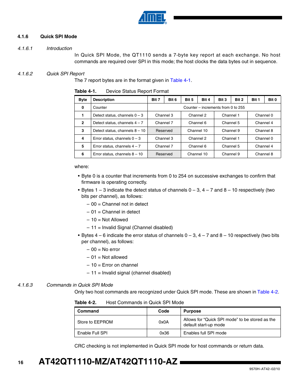 6 quick spi mode, 1 introduction, 2 quick spi report | 3 commands in quick spi mode | Rainbow Electronics AT42QT1110-AZ User Manual | Page 16 / 48