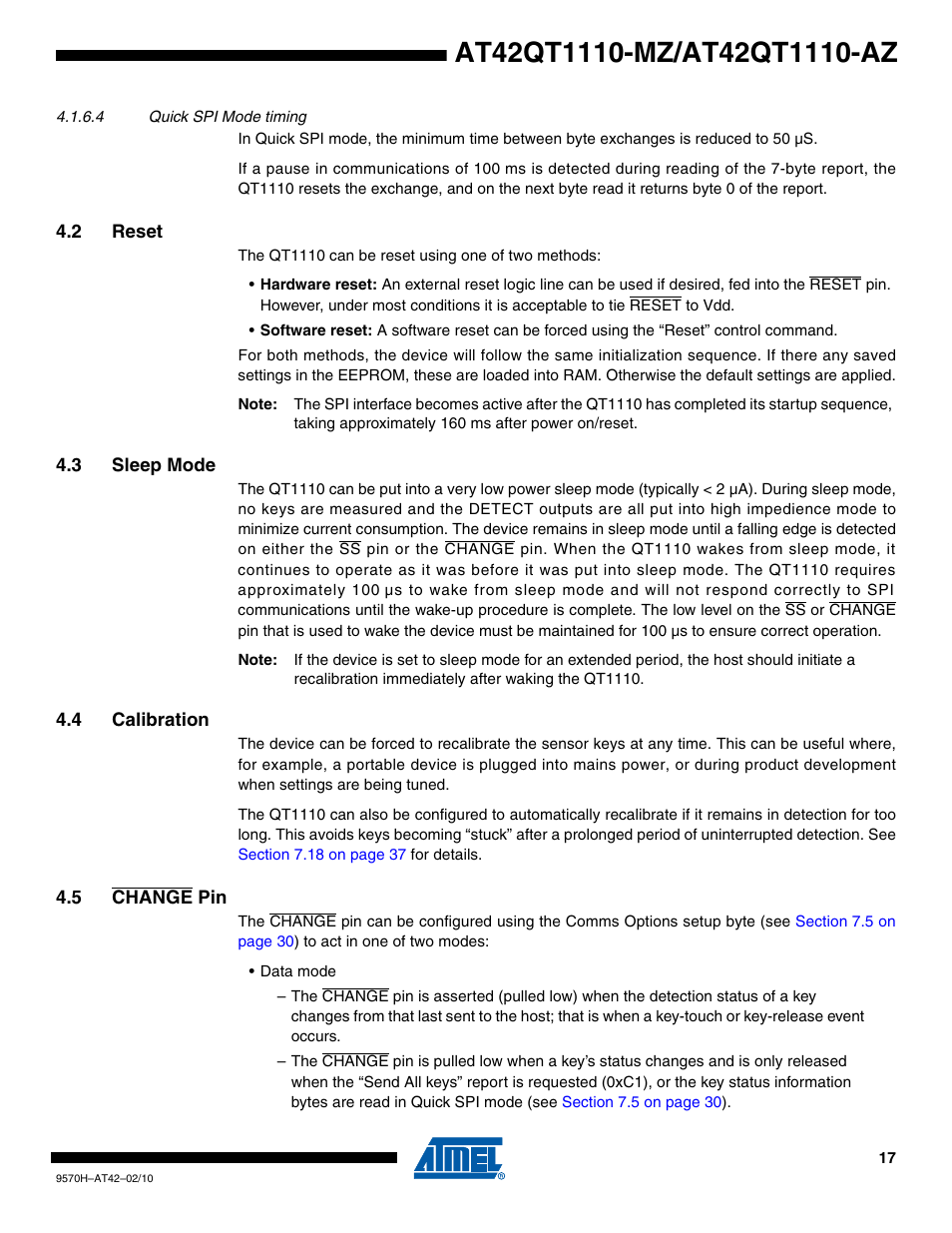 4 quick spi mode timing, 2 reset, 3 sleep mode | 4 calibration, 5 change pin | Rainbow Electronics AT42QT1110-AZ User Manual | Page 17 / 48